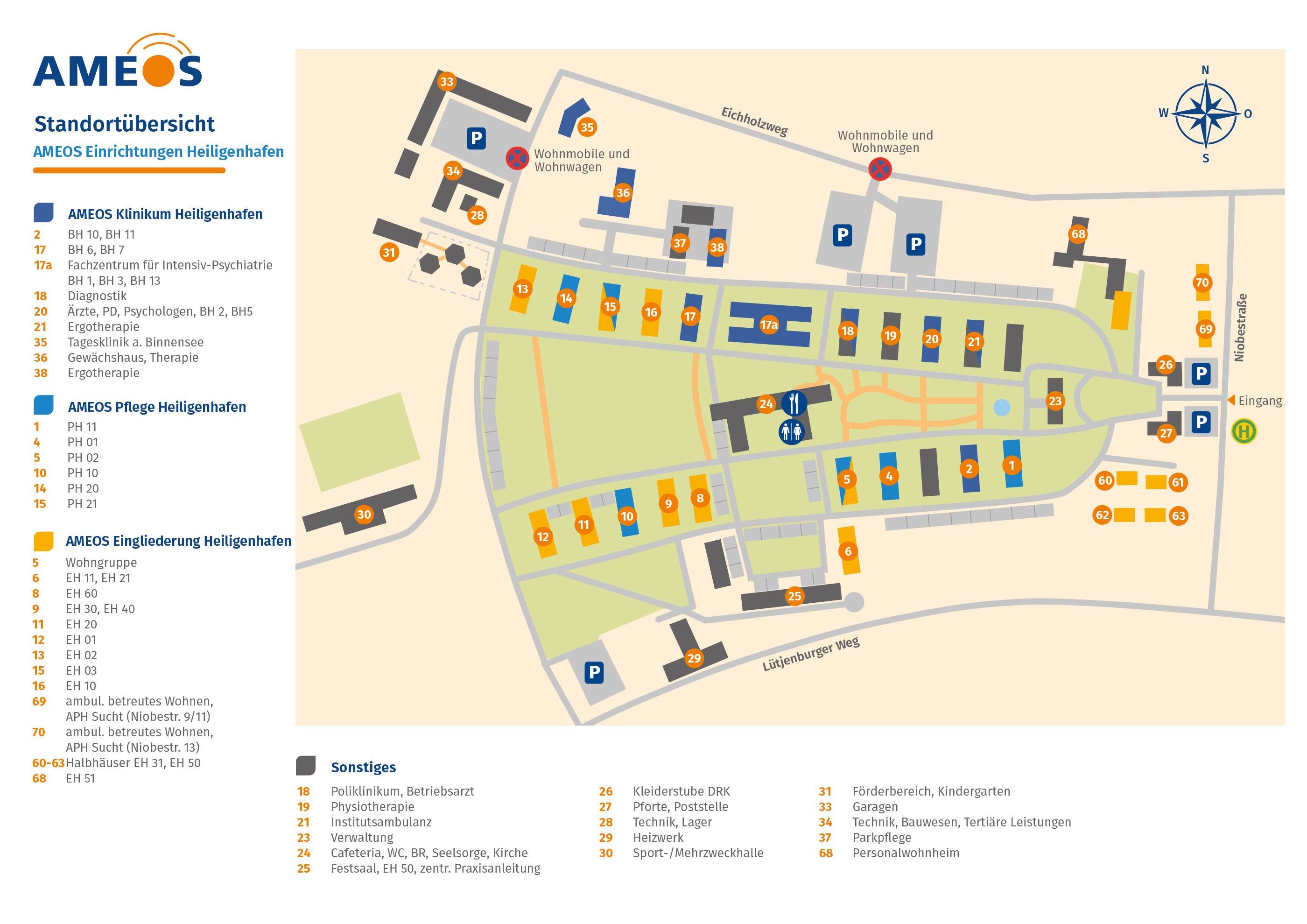 Hier ist ein Lageplan der AMEOS Einrichtungen Heiligenhafen abgebildet